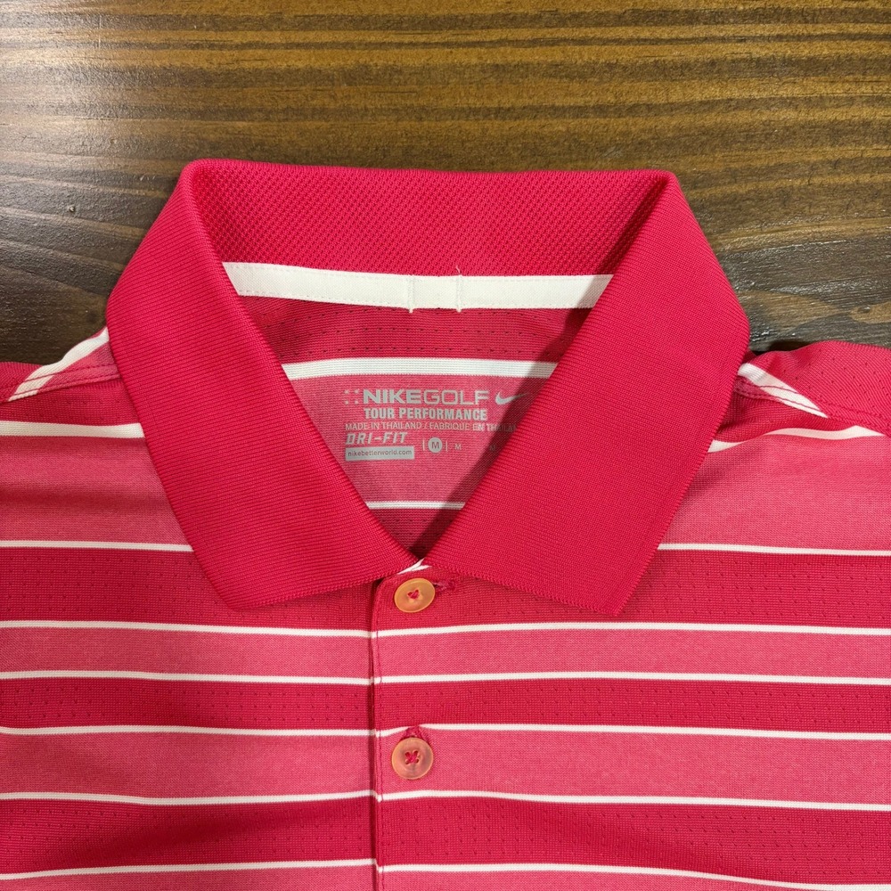 NIKE GOLF Mens Medium Pink Striped Dri Fit Polo Shirt Tour Performance - Picture 2 of 7